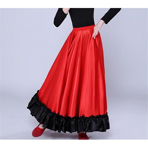 Red flamenco skirts for girls kids black red colored stage performnce competition ballroom spanish folk bull dance skirts